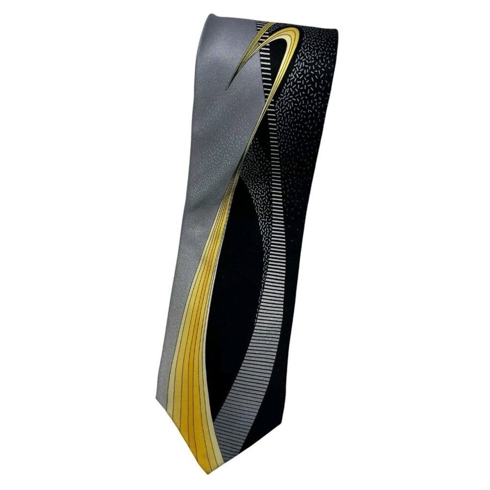 VITALIANO PANCALDI Men's Silk Necktie LUXURY Tie Black Gold Geometric W:3.7" EUC